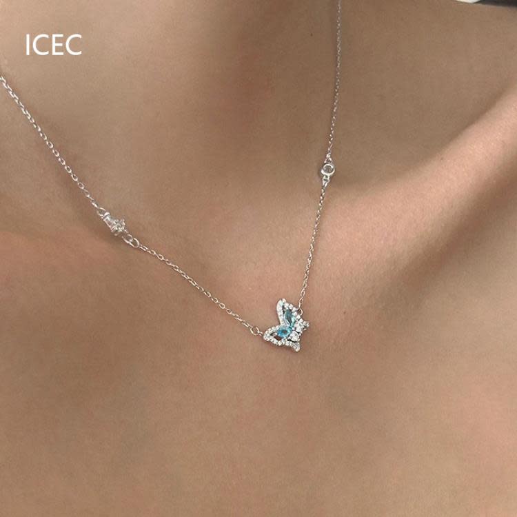 法式冰心藍蝴蝶設計師項鍊小眾設計簡約清冷感S925純銀甜酷鎖骨鍊-細節圖3