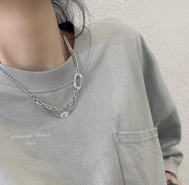 韓國s925純銀方框項鍊女輕奢高級設計感t恤鎖骨鍊個性銀飾-細節圖2