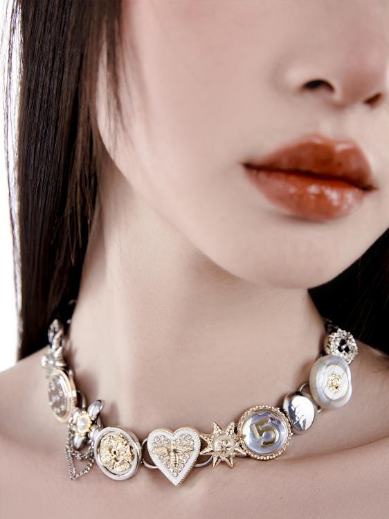 原創金銀紐扣項鍊朋克甜美復古鑲鉆鈦鋼鎖骨鍊-細節圖3