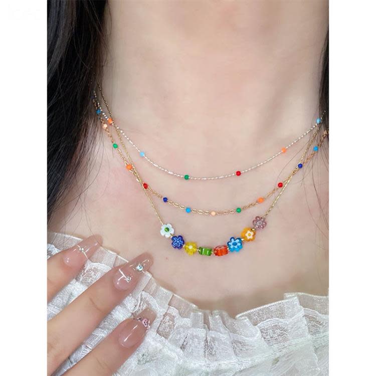 韓系糖果色花朵項鍊串珠設計感小眾新款爆款疊戴甜酷鎖骨鍊女-細節圖2