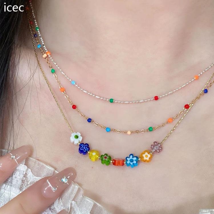 韓系糖果色花朵項鍊串珠設計感小眾新款爆款疊戴甜酷鎖骨鍊女-細節圖3