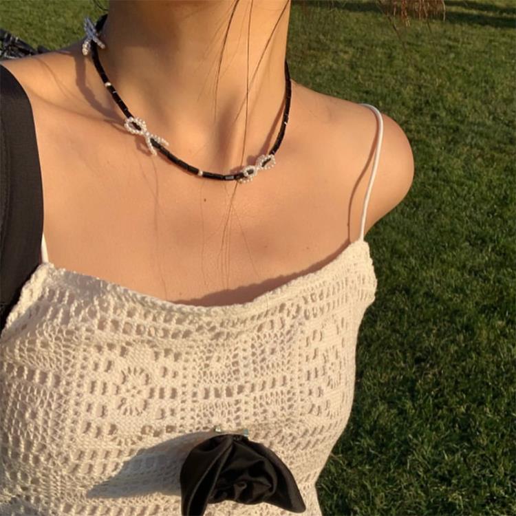甜美可愛黑白水晶珍珠蝴蝶結少女心編織鎖骨鍊氣質頸鍊項鍊-細節圖2