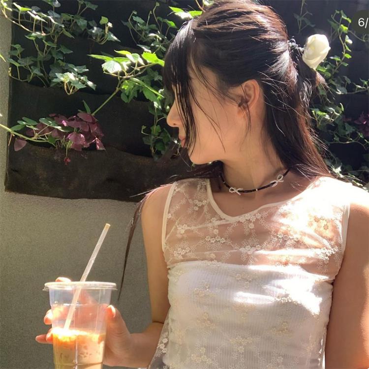 甜美可愛黑白水晶珍珠蝴蝶結少女心編織鎖骨鍊氣質頸鍊項鍊-細節圖3