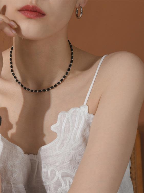 輕奢法式黑瑪瑙銀色米珠項鍊復古休閒鎖骨鍊優雅頸鍊女-細節圖2