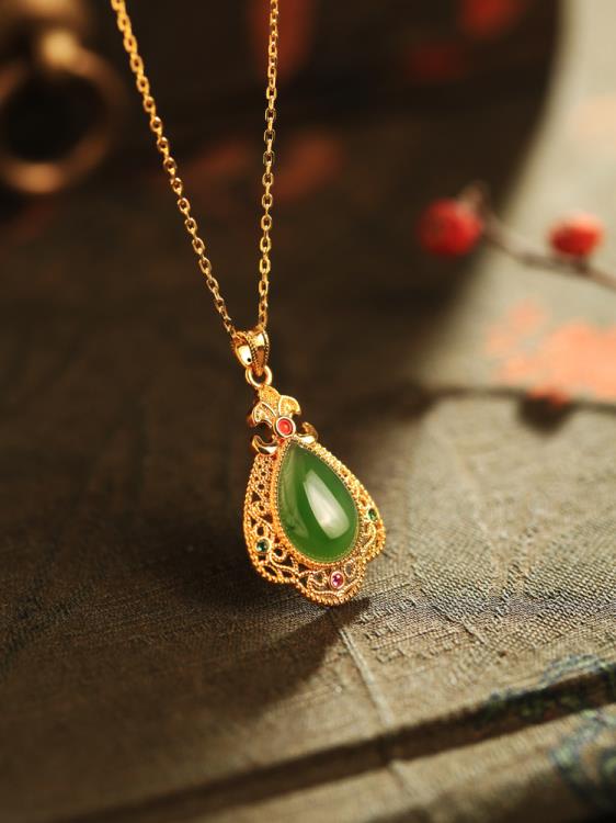 和闐玉碧玉新款18k黃金吊墜女 金鑲玉墜子項鍊女輕奢小眾設計-細節圖5