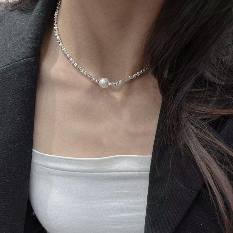 韓國s925純銀碎銀珍珠項鍊女輕奢小眾高級設計感鎖骨鍊潮新款頸鍊-細節圖2