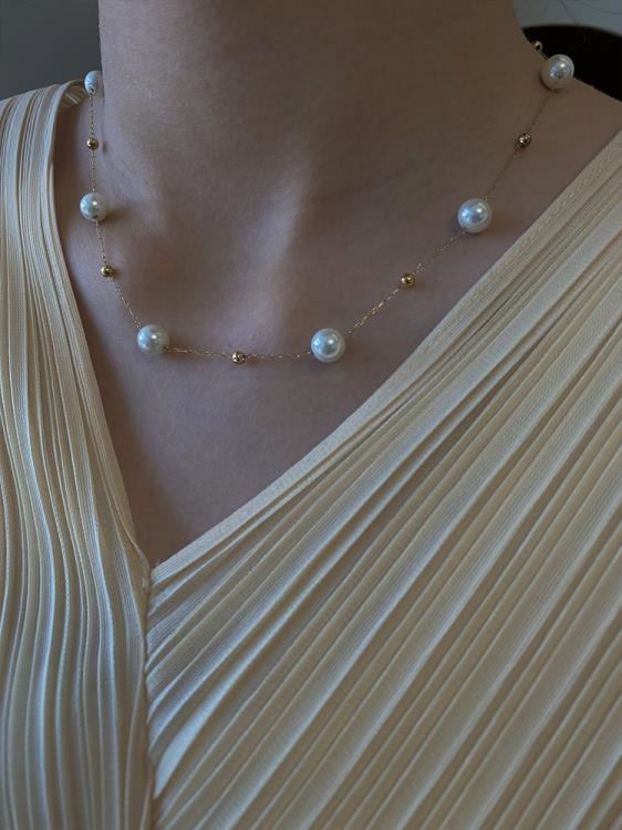 E452法式超仙氣質時髦強光感珍珠金珠設計項鍊精致短款鎖骨鍊-細節圖2