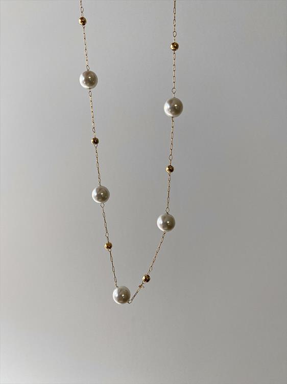 E452法式超仙氣質時髦強光感珍珠金珠設計項鍊精致短款鎖骨鍊-細節圖3