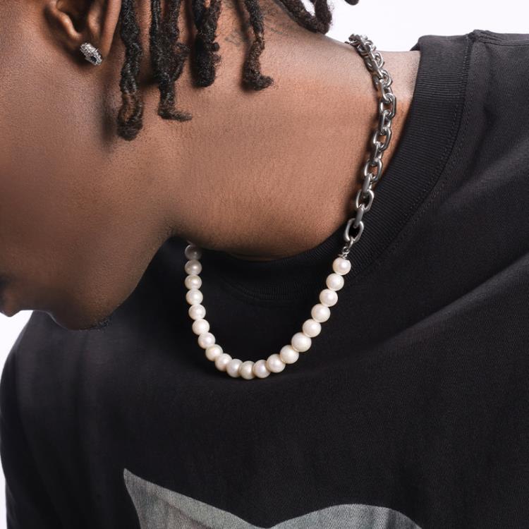 正品天然珍珠項鍊拼鈦鋼男嘻哈歐美個性女同款鎖骨鍊潮INS-細節圖2
