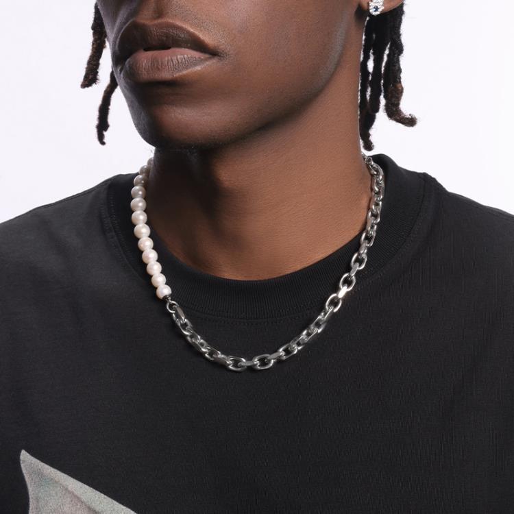 正品天然珍珠項鍊拼鈦鋼男嘻哈歐美個性女同款鎖骨鍊潮INS-細節圖3