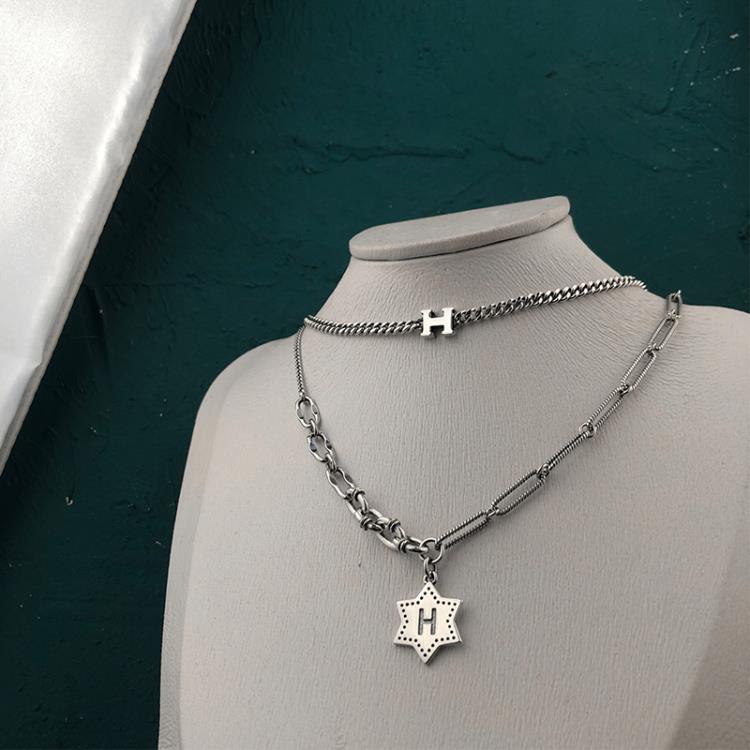 韓國s925純銀H字母項鍊女時尚個性潮毛衣鍊網紅ab版飾品ins-細節圖3