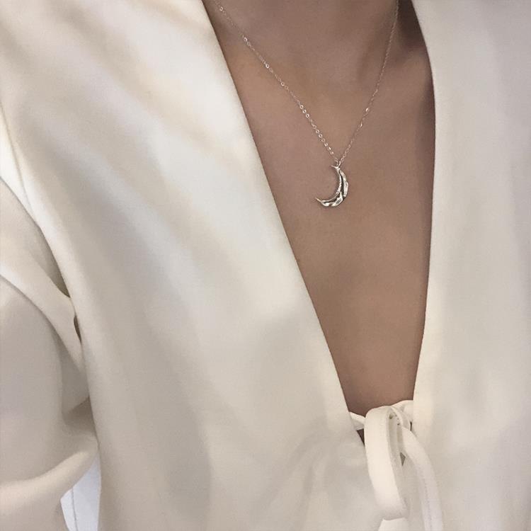 925銀水波紋月亮項鍊女復古ins簡約冷淡風網紅月牙鎖骨鍊百搭輕奢-細節圖4