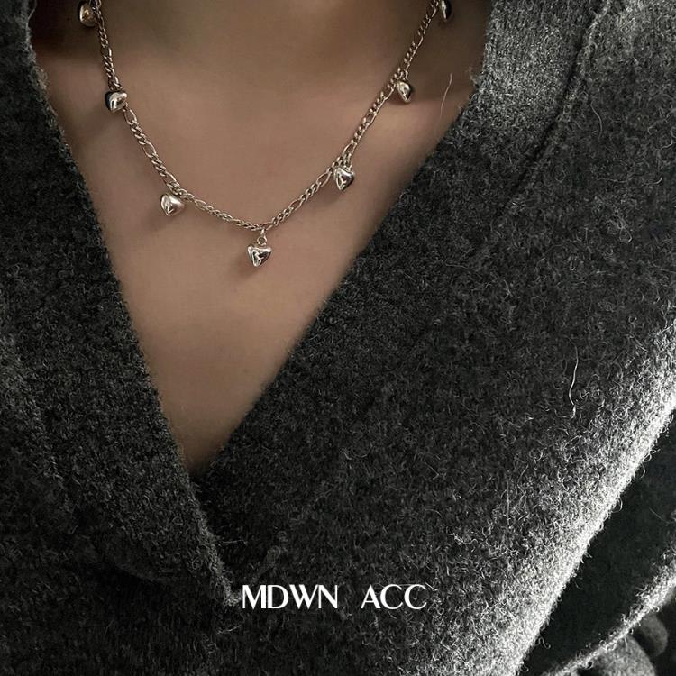 復古風 925純銀項鍊女 中長款做舊多墜愛心吊墜鎖頭疊戴潮人簡約-細節圖2