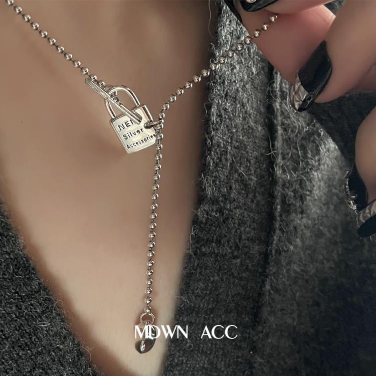 復古風 925純銀項鍊女 中長款做舊多墜愛心吊墜鎖頭疊戴潮人簡約-細節圖3