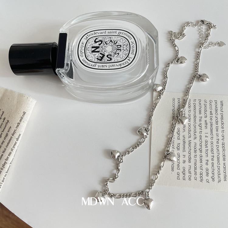 復古風 925純銀項鍊女 中長款做舊多墜愛心吊墜鎖頭疊戴潮人簡約-細節圖4