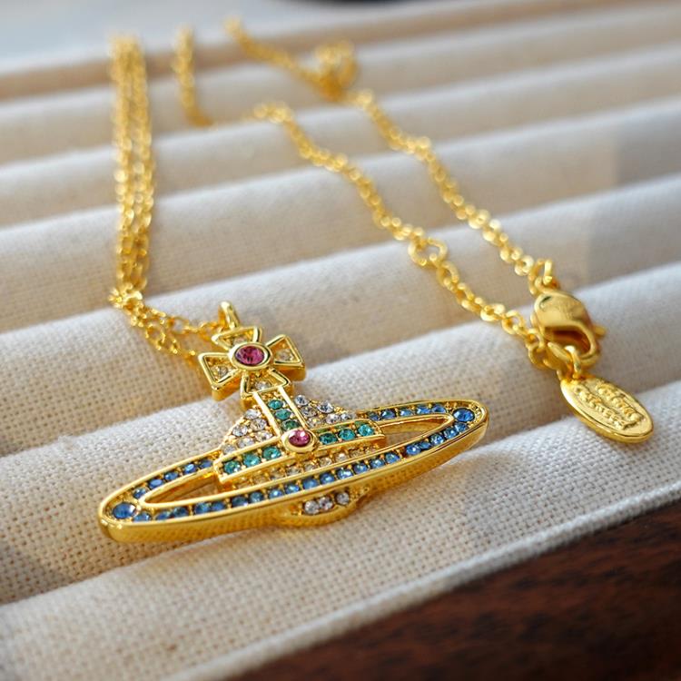 西太后土星項鍊新款爆款微鑲彩鉆十字架吊墜輕奢高級感鎖骨鍊-細節圖2