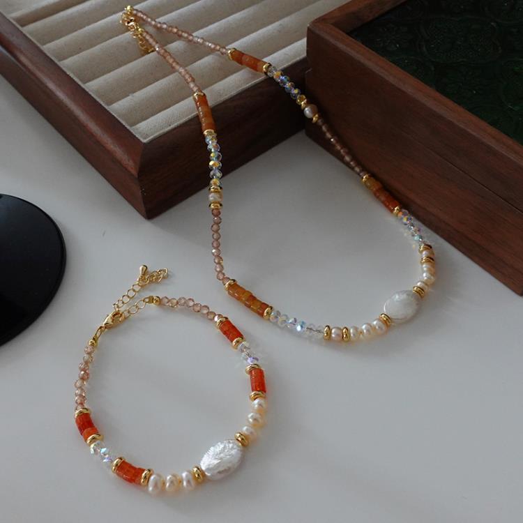 珍珠項鍊紅色天然石串珠頸鍊女新款爆款氣質復古高級感鎖骨鍊-細節圖2