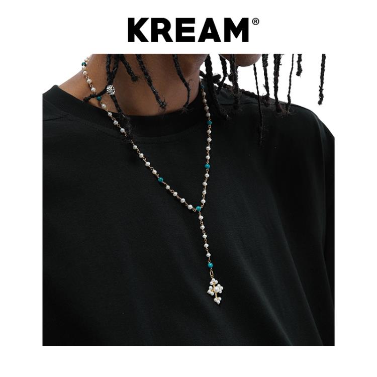 原創 14K包金 復古 綠松珍珠十字形項鍊男嘻哈女同款-細節圖2