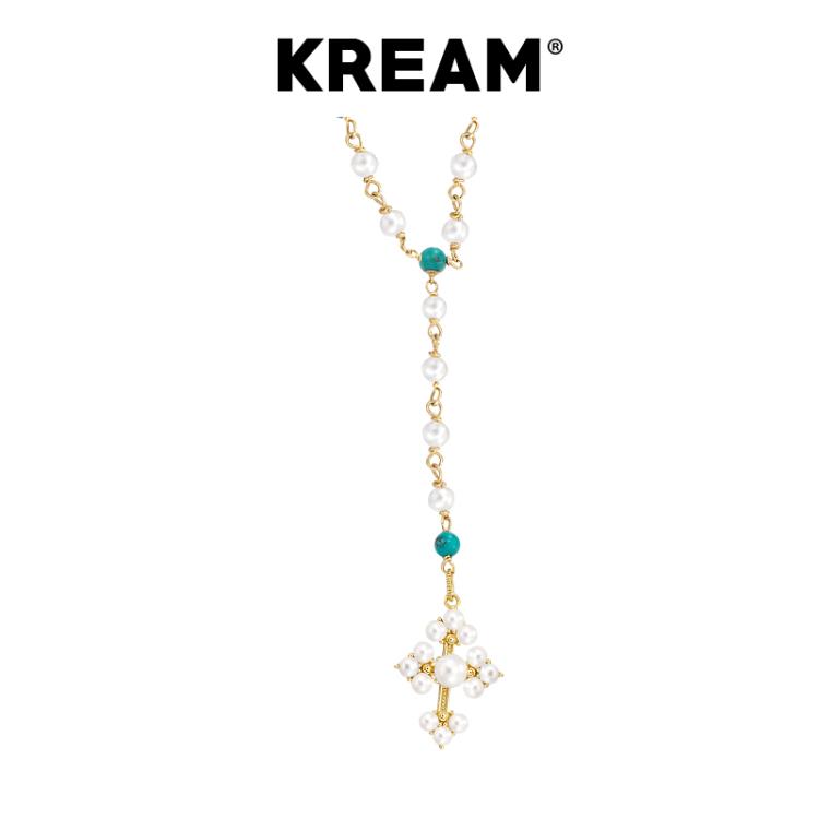 原創 14K包金 復古 綠松珍珠十字形項鍊男嘻哈女同款-細節圖3