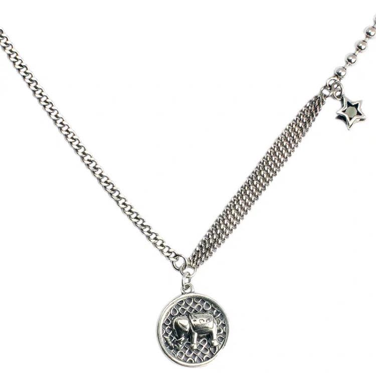 韓國925純銀大象圓牌項鍊女朋克不對稱個性鎖骨鍊ins冷淡風-細節圖2