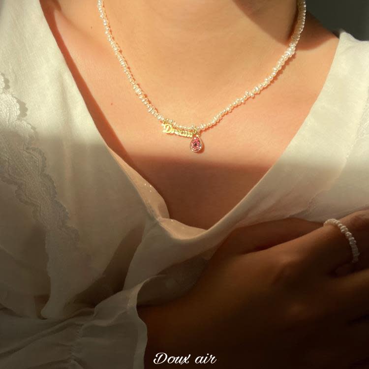 天然淡水keshi異形扁珍珠項鍊強光吊牌彩鉆墜鎖骨疊戴復古-細節圖4