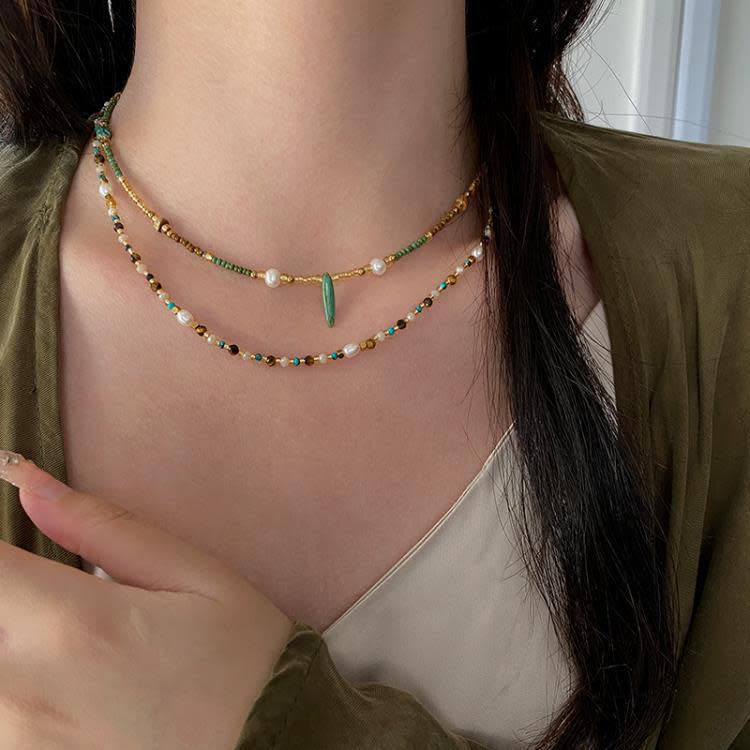 新中式項鍊新款爆款小清新復古串珠天然石頸鍊女高級感鎖骨鍊-細節圖2