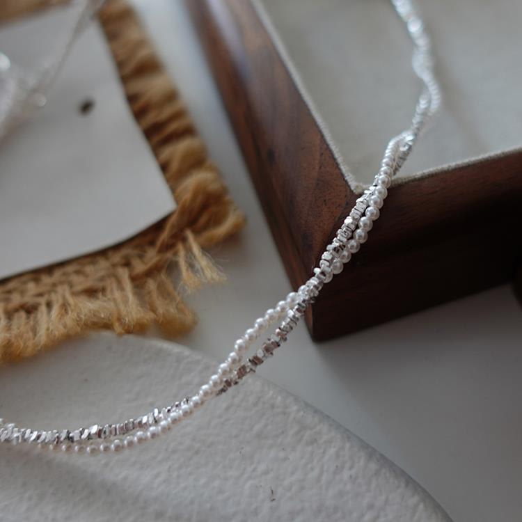 施家珍珠頸鍊新款爆款雙層疊帶通體純銀項鍊甜酷高級感鎖骨鍊-細節圖3