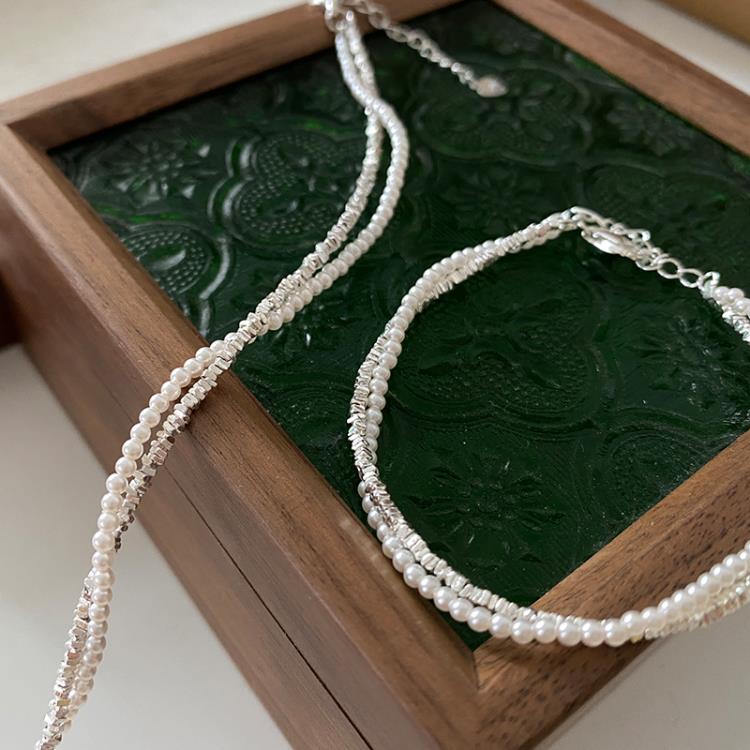 施家珍珠頸鍊新款爆款雙層疊帶通體純銀項鍊甜酷高級感鎖骨鍊-細節圖4