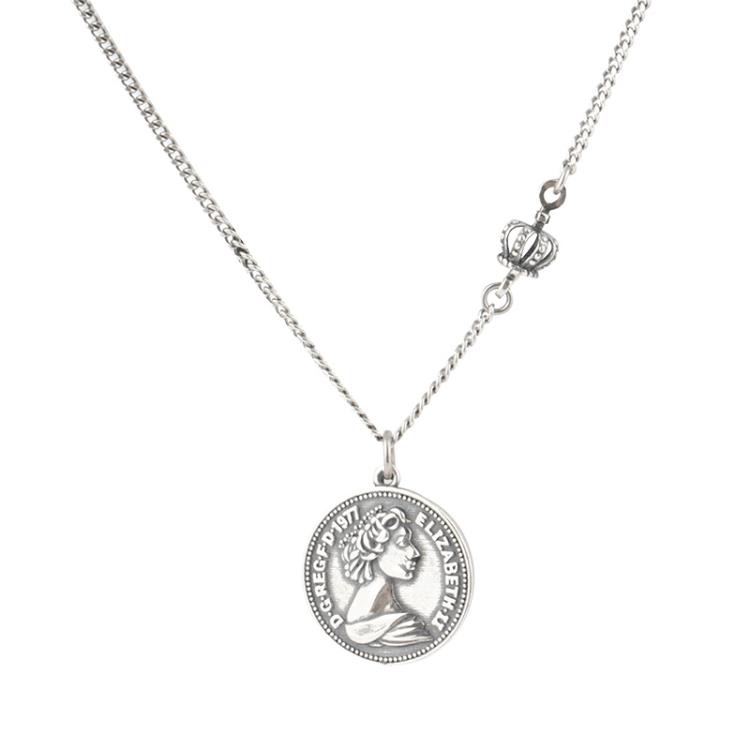 韓國s925純銀復古女王硬幣項鍊歐美暗黑皇冠毛衣鍊新款銀飾-細節圖2