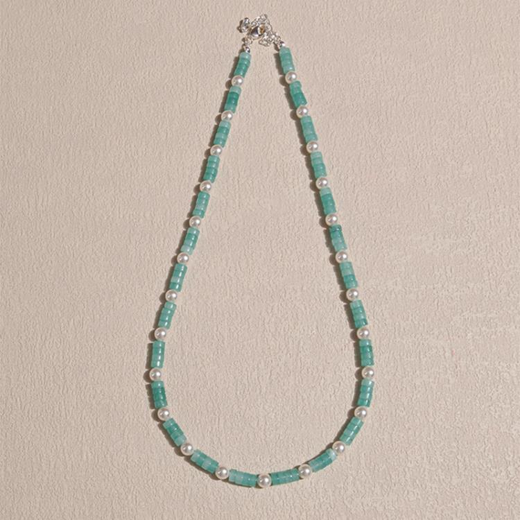 自制一抹湖藍天然石施家珍珠串珠項鍊小眾手工高級鎖骨鍊-細節圖2