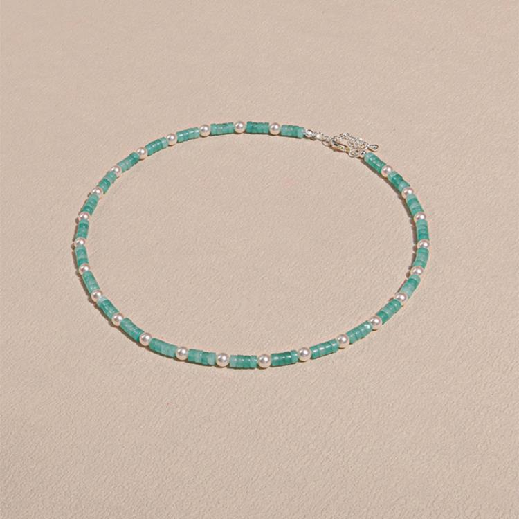 自制一抹湖藍天然石施家珍珠串珠項鍊小眾手工高級鎖骨鍊-細節圖3