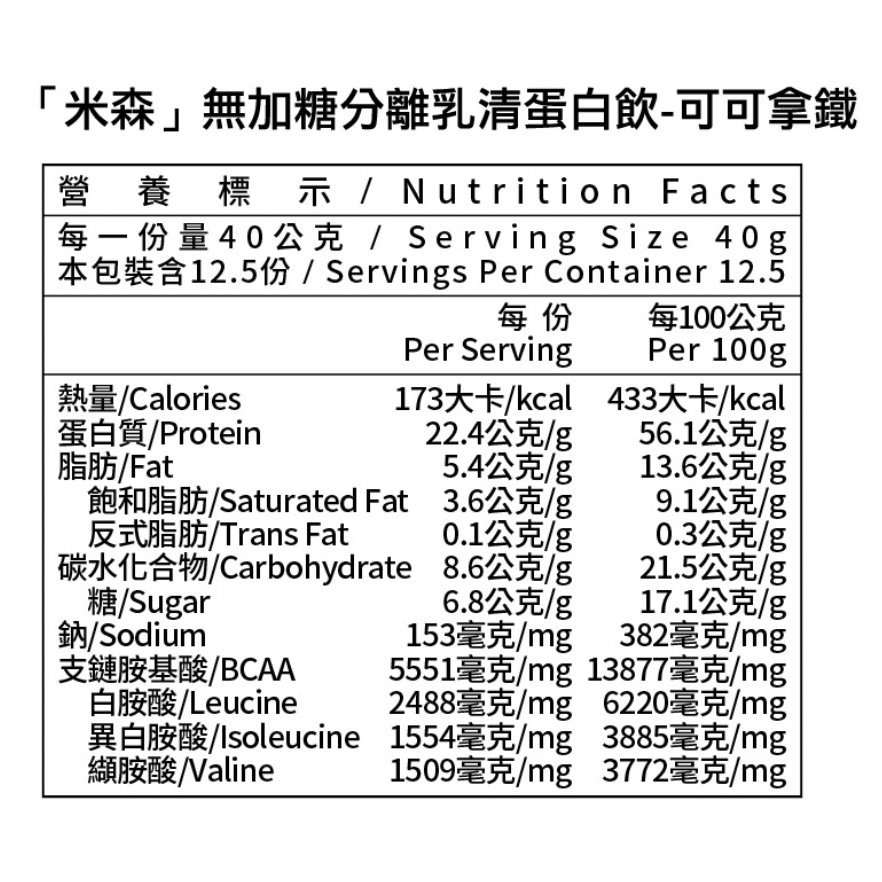 米森 無加糖分離乳清蛋白飲-可可拿鐵 500g/罐-細節圖3