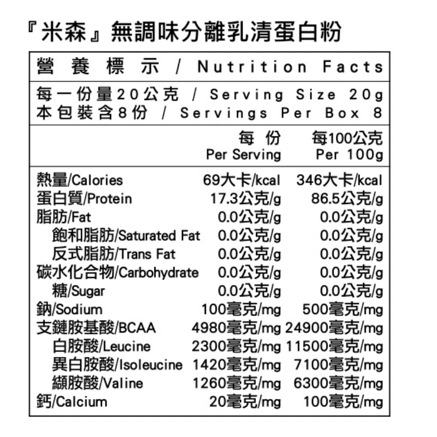 米森 無調味分離乳清蛋白粉20gx8包/盒-細節圖2