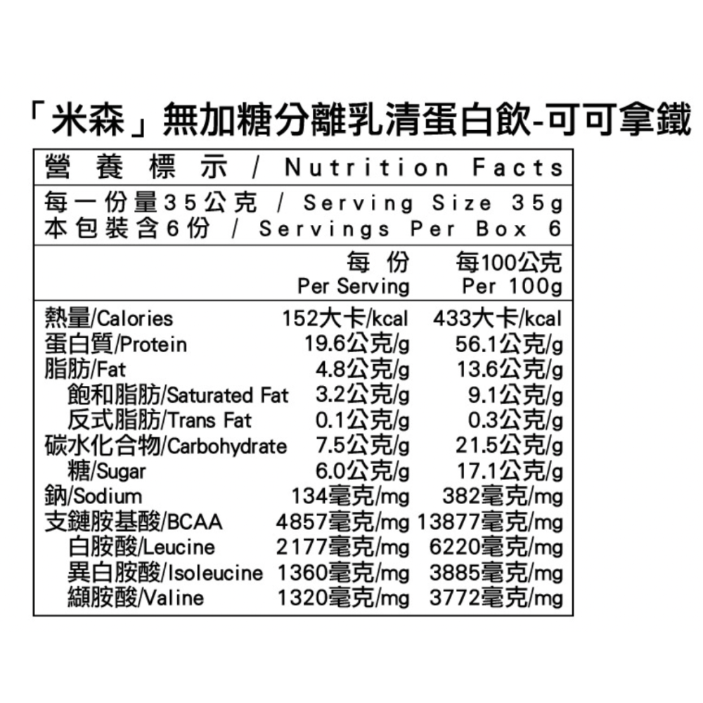 米森 無加糖分離乳清蛋白飲-可可拿鐵35gx6包/盒-細節圖2