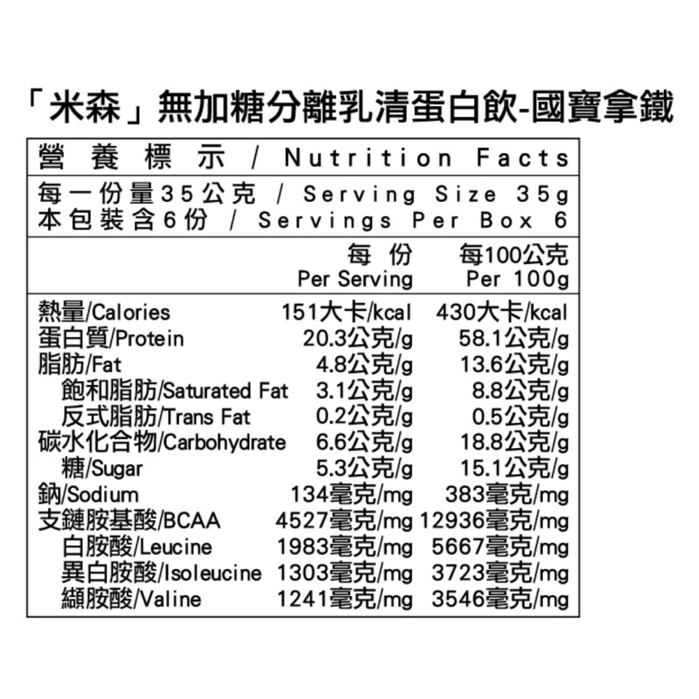 米森 無加糖分離乳清蛋白飲-國寶拿鐵35gx6包/盒-細節圖2