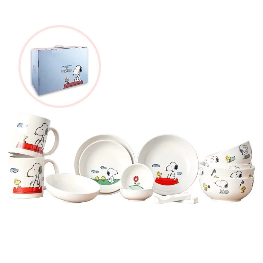 【𝑺𝒉𝒊𝒂 𝑯𝒂𝒐 夏好】康寧 史努比SNOOPY SNOW 14件式陶瓷餐具禮盒 餐盤餐廚用品碗盤-規格圖9