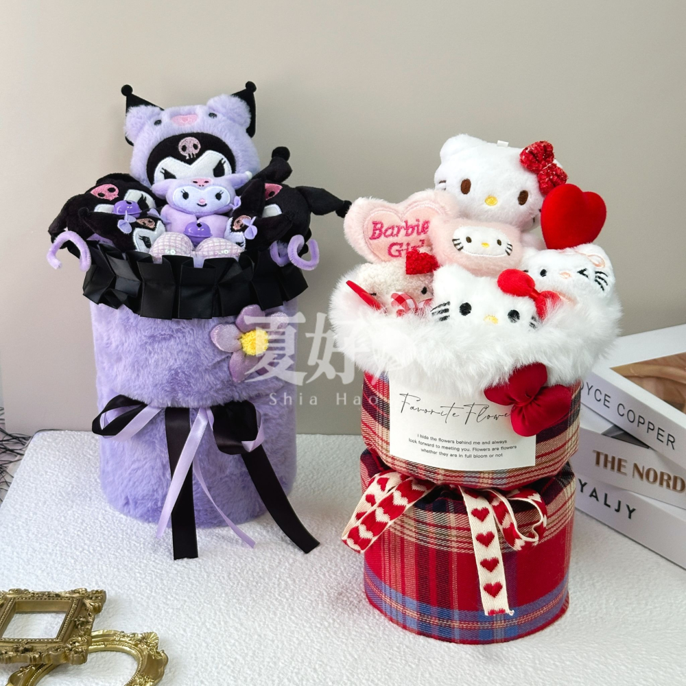【𝑺𝒉𝒊𝒂 𝑯𝒂𝒐 夏好】現貨✨Kuromi＆Hello Kitty玩偶花束 收納花束桶 娃娃花束生日禮-細節圖2