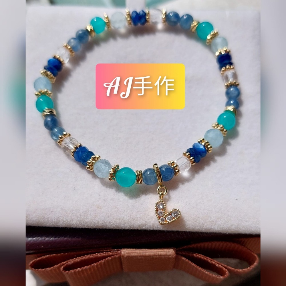 AJ手作❤️，微涼薄荷糖，手圍16，海藍寶 藍晶石 天河石 白水晶 保色14k金配件-細節圖2