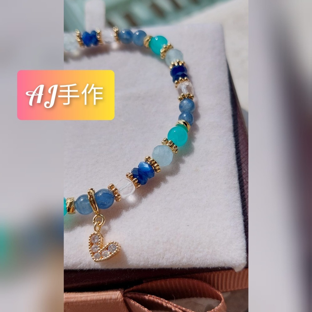 AJ手作❤️，微涼薄荷糖，手圍16，海藍寶 藍晶石 天河石 白水晶 保色14k金配件-細節圖5