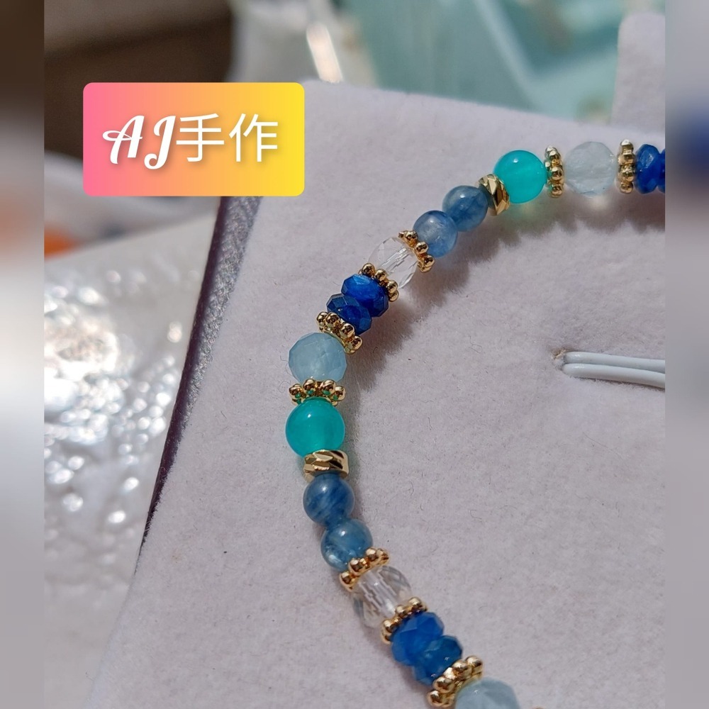 AJ手作❤️，微涼薄荷糖，手圍16，海藍寶 藍晶石 天河石 白水晶 保色14k金配件-細節圖7