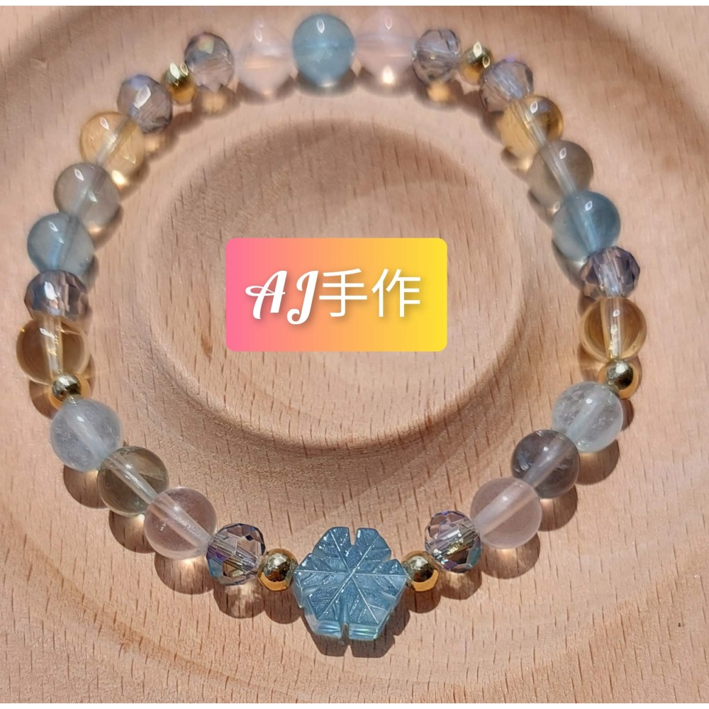 AJ手作❤️，冰雪微醺氣泡水(孤品)，手圍15，海藍寶 粉晶 綠瑩石 黃水晶 奧地利水晶 保色14K金配件-細節圖2