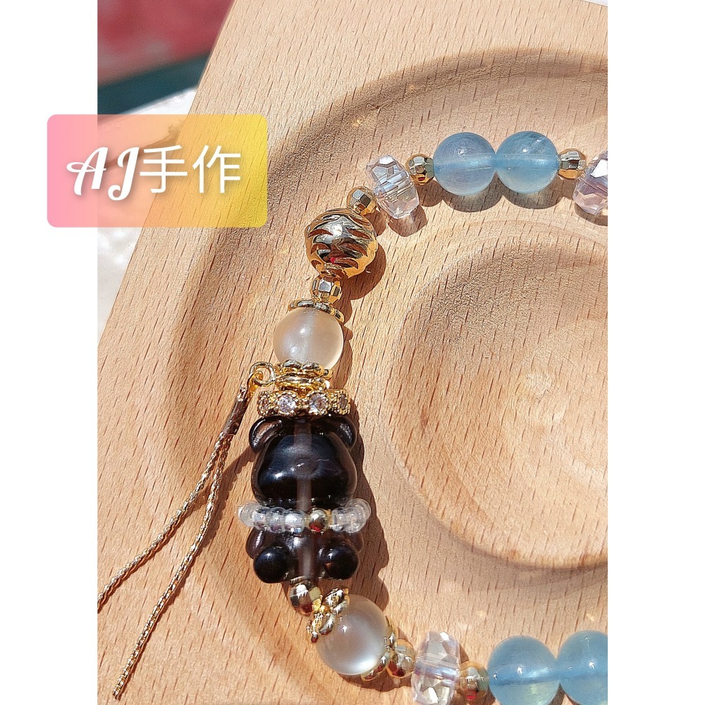 AJ手作❤️，茶之流韻熊手圍15，茶晶熊 月光石 海藍寶 茶晶 透奧地利水晶 琉璃小米珠 保色14K金配件-細節圖2