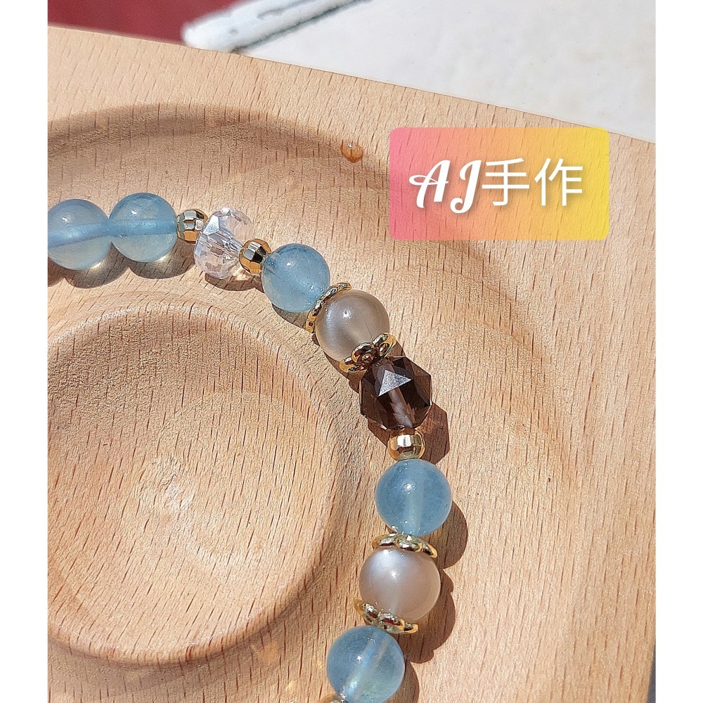 AJ手作❤️，茶之流韻熊手圍15，茶晶熊 月光石 海藍寶 茶晶 透奧地利水晶 琉璃小米珠 保色14K金配件-細節圖3