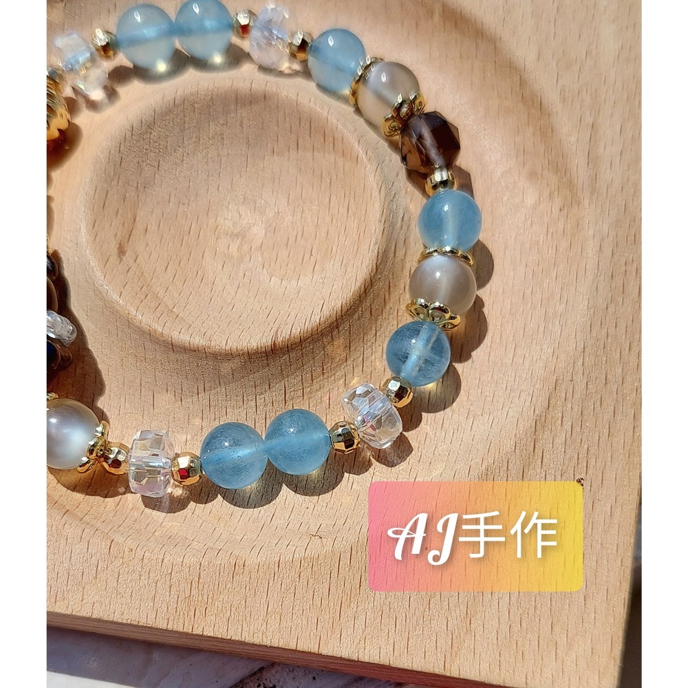 AJ手作❤️，茶之流韻熊手圍15，茶晶熊 月光石 海藍寶 茶晶 透奧地利水晶 琉璃小米珠 保色14K金配件-細節圖4