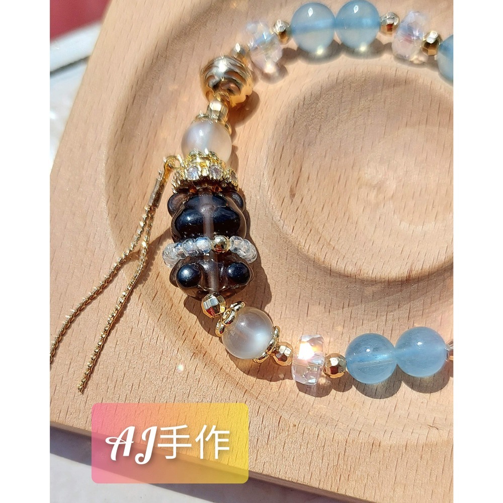 AJ手作❤️，茶之流韻熊手圍15，茶晶熊 月光石 海藍寶 茶晶 透奧地利水晶 琉璃小米珠 保色14K金配件-細節圖5