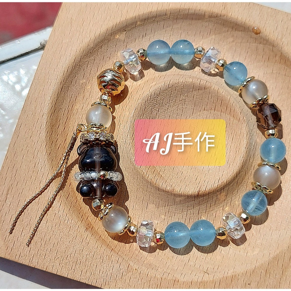 AJ手作❤️，茶之流韻熊手圍15，茶晶熊 月光石 海藍寶 茶晶 透奧地利水晶 琉璃小米珠 保色14K金配件-細節圖6