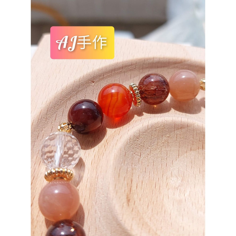 AJ手作❤️，火躍的黑金貔貅，手圍16，黑金超七貔貅 黑金超七 橙月光 紅條紋瑪瑙 紅虎眼 白水晶 保色14k金配件-細節圖4