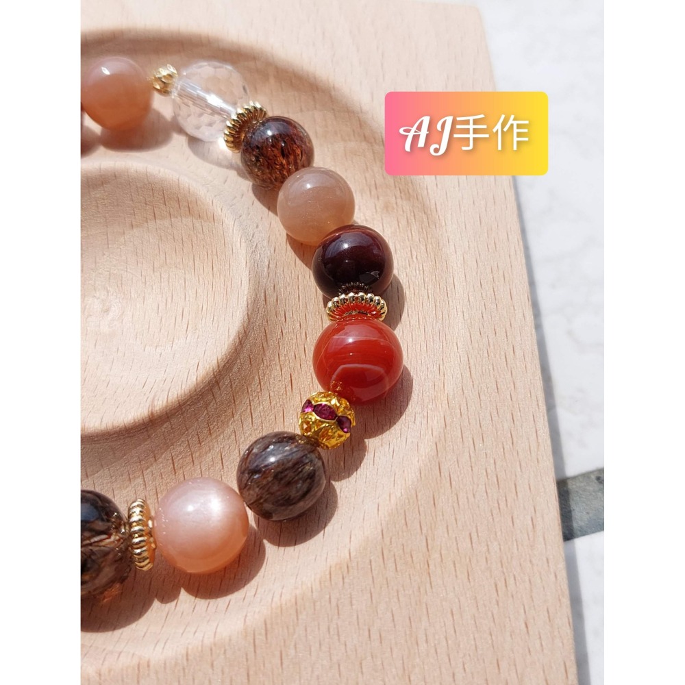 AJ手作❤️，火躍的黑金貔貅，手圍16，黑金超七貔貅 黑金超七 橙月光 紅條紋瑪瑙 紅虎眼 白水晶 保色14k金配件-細節圖6