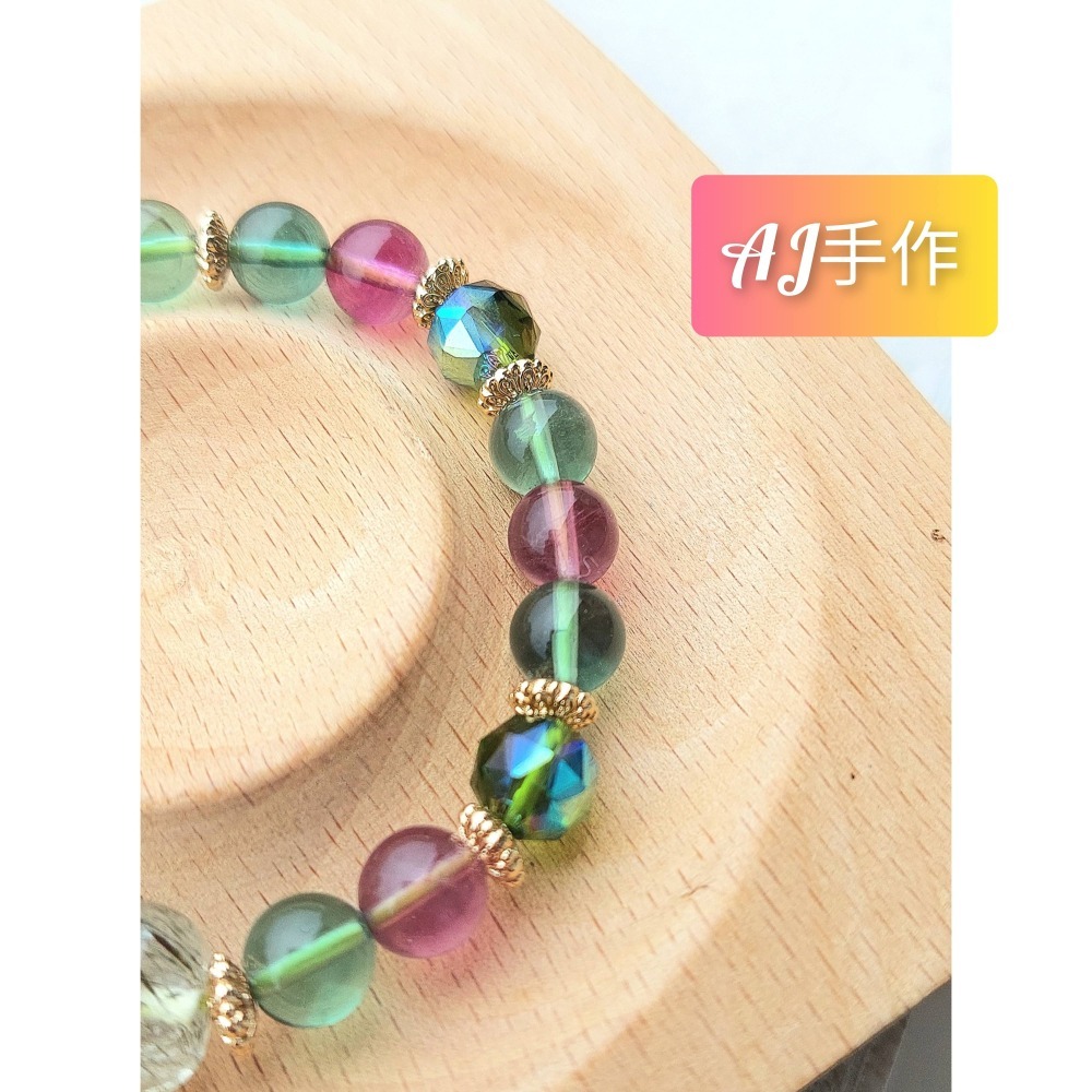 AJ手作❤️，💲【綠碧髮貔貅煥彩-主正財開智慧】 手圍15，綠碧髮貔貅 紫綠瑩石 奧地利水晶 保色14K金配件-細節圖4