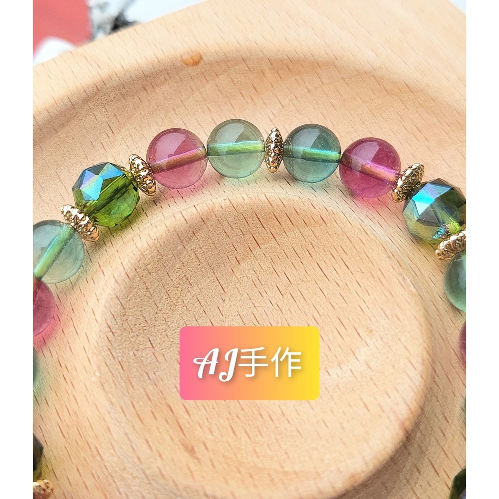AJ手作❤️，💲【綠碧髮貔貅煥彩-主正財開智慧】 手圍15，綠碧髮貔貅 紫綠瑩石 奧地利水晶 保色14K金配件-細節圖5